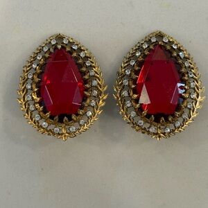 Jay Strongwater Elegant Red and Gold Teardrop Clip on Earrings